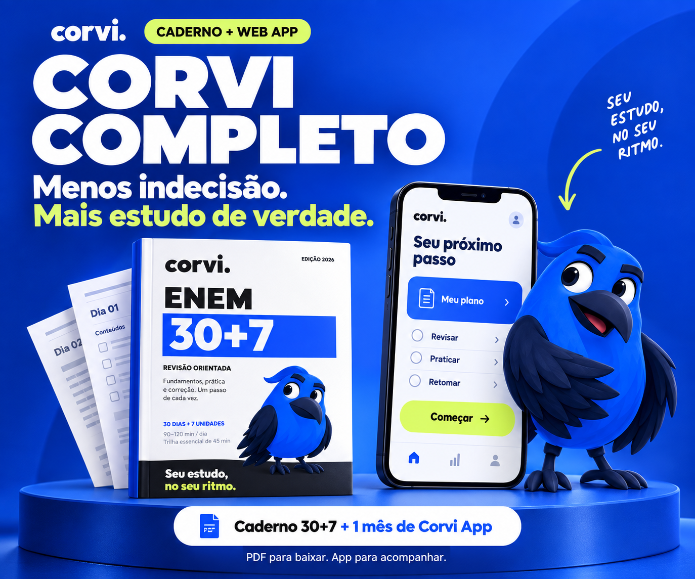 Corvi Completo: mockup do Caderno ENEM 30+7 em PDF, do web app no celular e do mascote Corvi.