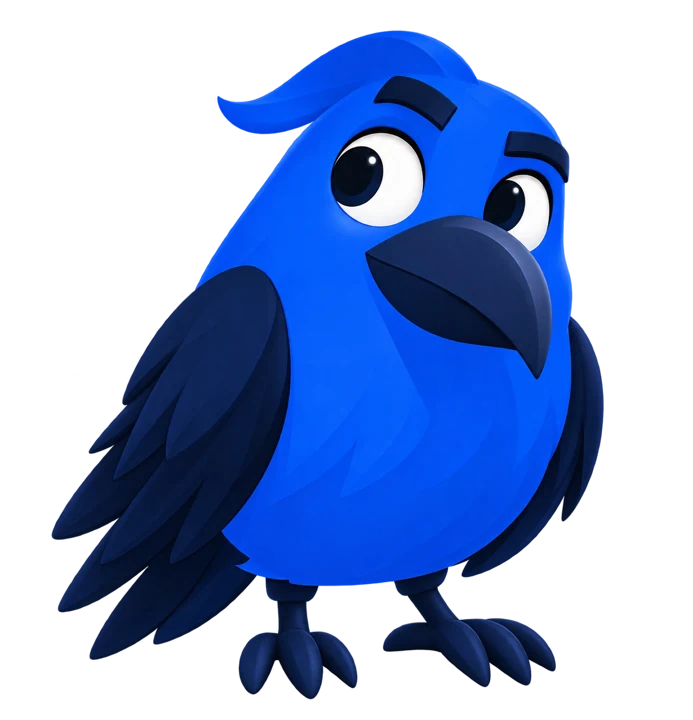 Corvi, seu parceiro de estudo: um corvo azul de olhar curioso.